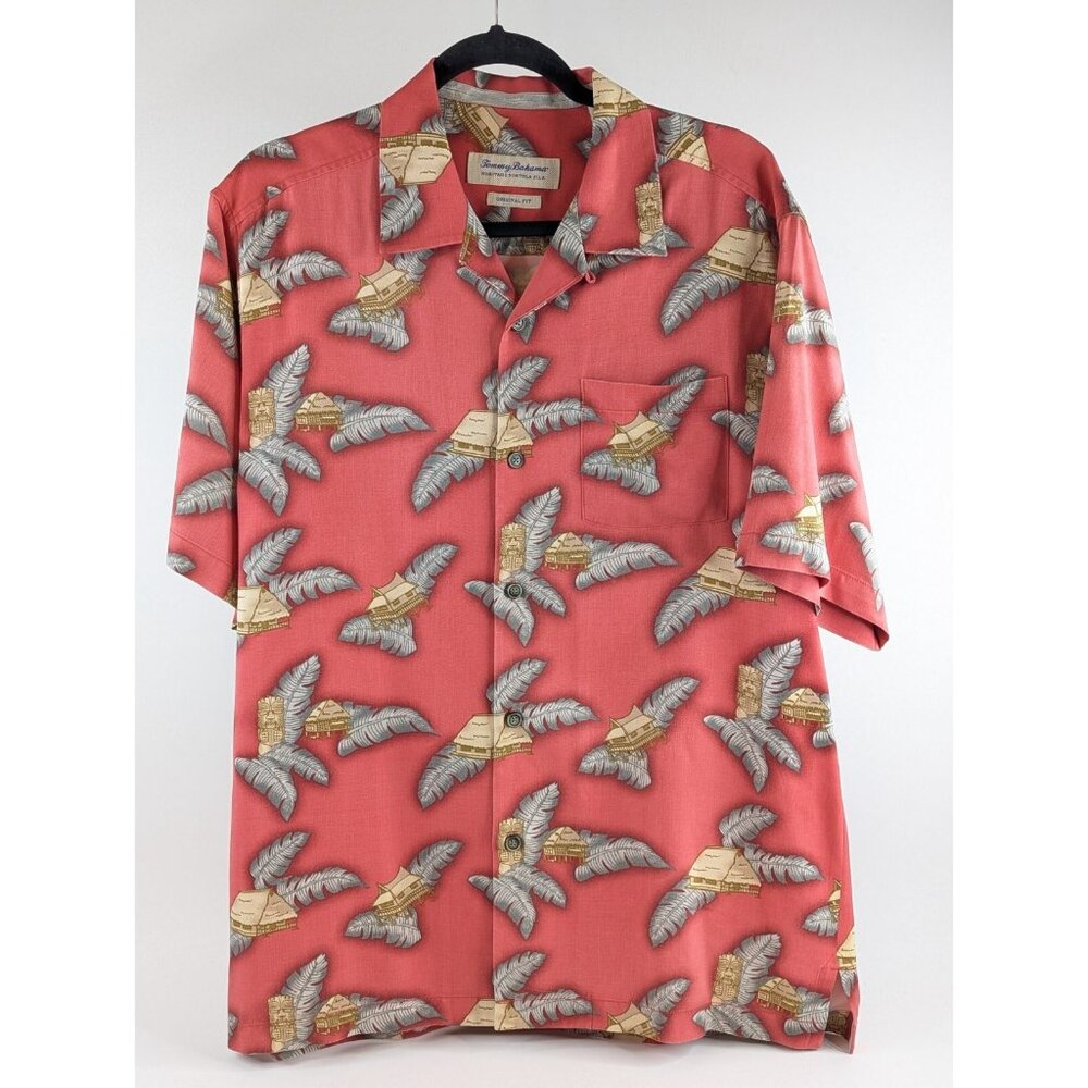Tommy Bahama Mens M MEDIUM Aloha Hawaiian Button Down Shirt 100% RED Silk